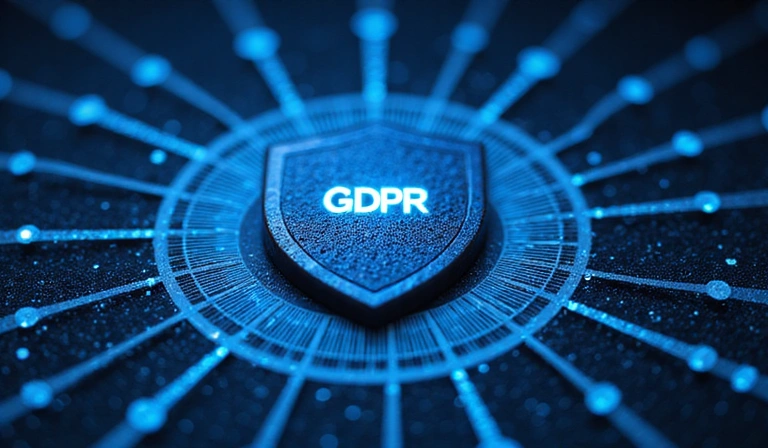 Ilustracja przedstawiająca tarczę ochronną z symbolem RODO, otoczoną przez bezpieczne połączenia cyfrowe.